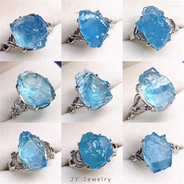 Anillos de racimo, anillo de piedra aguamarina azul océano Natural superior para mujer, señora, hombre, regalo, cuentas de cristal, piedras preciosas de plata, joyería ajustable