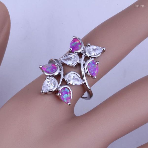 Cluster Anneaux Top Qualité Charme Rose Opale De Feu Cubique Zircone Anneau Pour Les Femmes Couleur Argent En Forme De Feuille Bijoux J0536