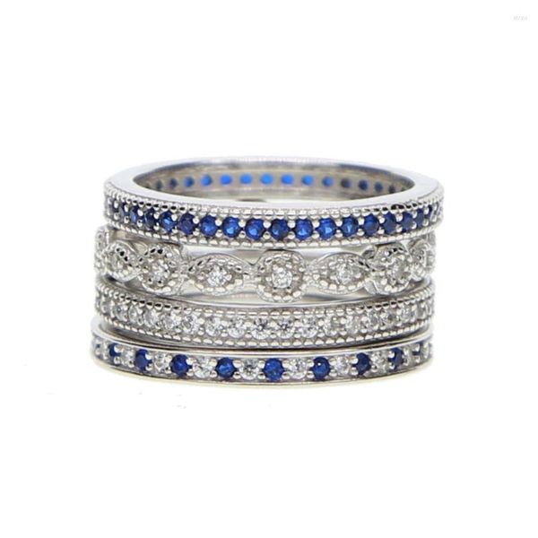 Anillos de racimo de calidad superior elegante 925 anillo de mujer de plata pura conjunto fino delicado azul Cz pavimentado 4pc gota apilable