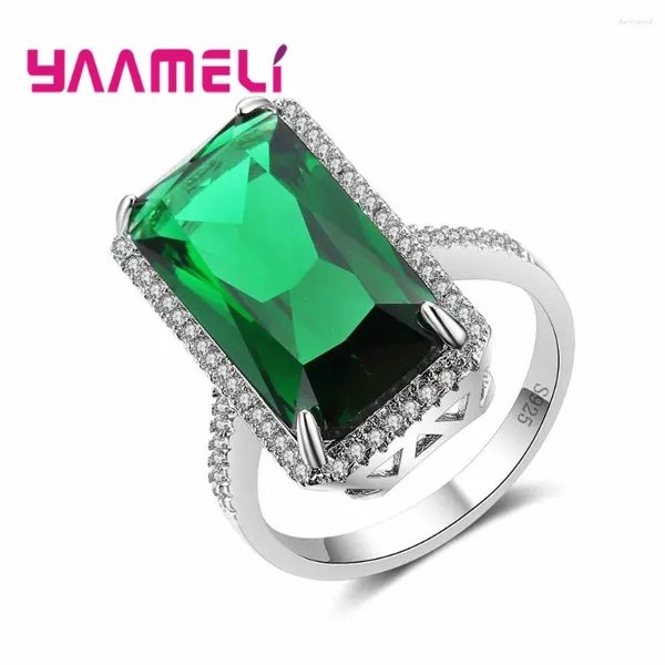 Anillos de racimo de calidad superior Anillo de piedra de cristal cuadrado verde elegante aniversario adorno de boda 925 plata esterlina para esposa fiesta de graduación