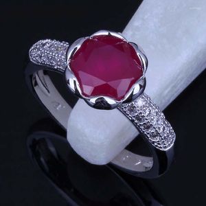 Bagues de cluster Top Qualité Argent Couleur Bijoux Romantique Rouge Cristal Cubique Zircone Fleur Bague X0018 Rapide