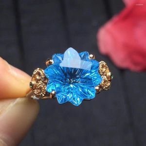Clusterringen Topaz Ring Fijne sieraden Real 18 K Rose Gold Au750 Sieraden Natural Blue Gemstone Vrouw voor vrouwen