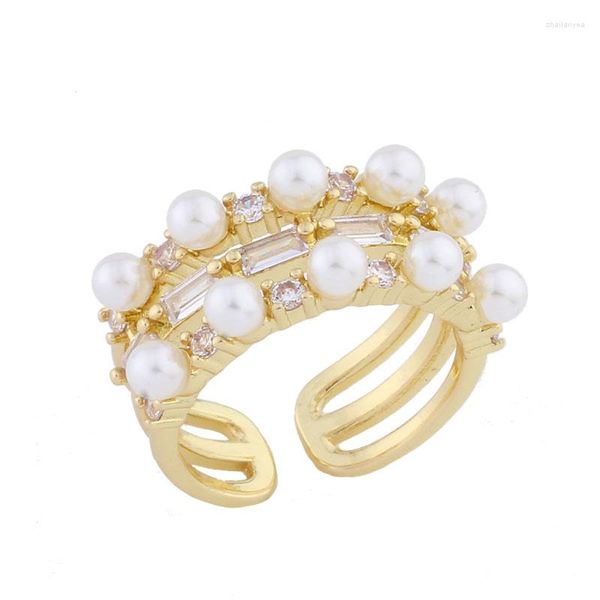 Anillos de racimo Trend Ligero dorado dedo anillo abierto de circón natural perlas ajustables para mujeres joyas