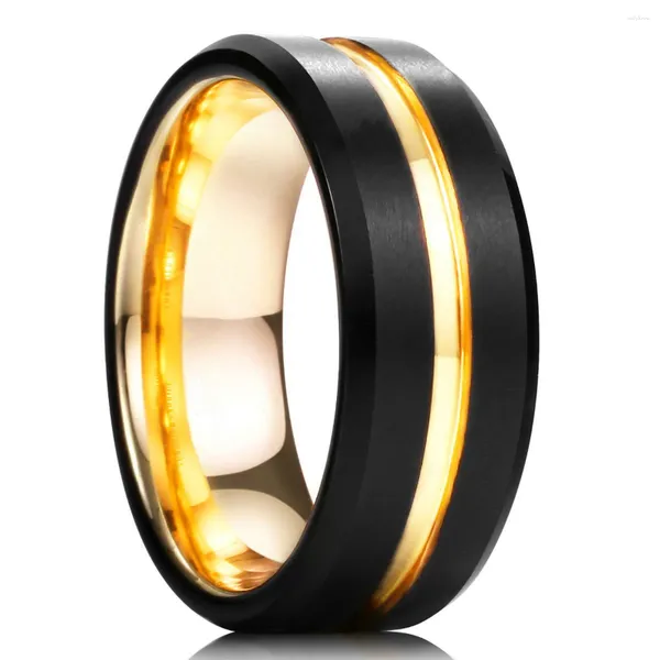 Anillos de racimo de moda 8 mm hombres negro cepillado acero inoxidable color oro ranura biselado borde anillo de compromiso joyería de boda al por mayor