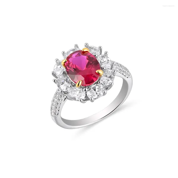 Anneaux de cluster Trendy 925 Sterling Silver Oval Ruby Flower pour femmes Fine Bijoux Blanc Gold Plaqué Gem Couple Bague de fiançailles Cadeau