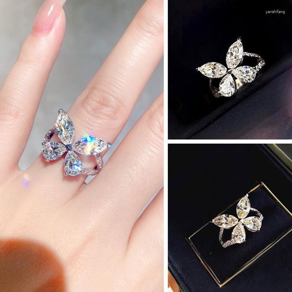 Anillos de racimo, anillo de plata de ley 925 a la moda, joyería para mujer, mariposa de cristal de lujo para dama, accesorios para dedos de boda, bisutería de oro rosa