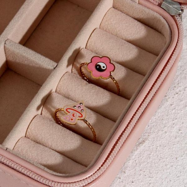 Anillos de racimo TRENDY Ajustable Pink Mushroom Flower Yin Yang para mujeres Acero inoxidable chapado en oro Simple Cute