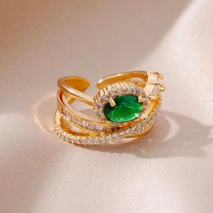 Clusterringen Trendy Groene Zirkoon Multi Gelaagde Kruisgeometrie Ring Voor Vrouwen Open Verstelbare Roestvrij Stalen Vinger Elegante Sieraden Cadeau