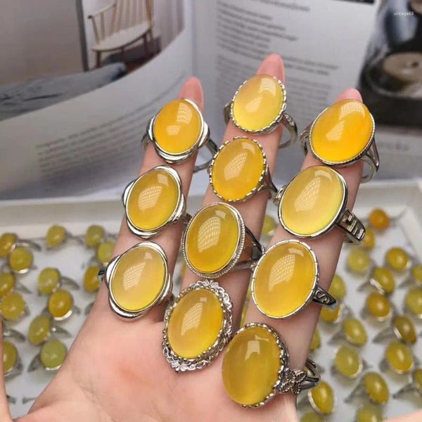 Bagues de cluster à la mode couleur argent calcédoine jaune ovale opale bague vintage pour femmes femme cadeau goutte bijoux en gros