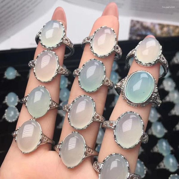 Bagues de cluster à la mode couleur argent calcédoine bleu clair ovale opale vintage bague de fête pour les femmes cadeau goutte bijoux en gros