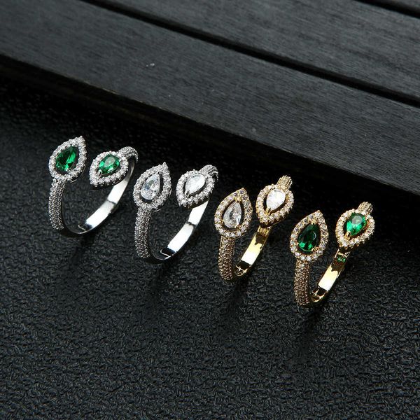 Cluster Rings Trendy Women's Green Color Water Drop Design Full Finger Luxury Cubic Zircon Wedding Engagement Party Wrap Ring Jewelry HXR002 G230228