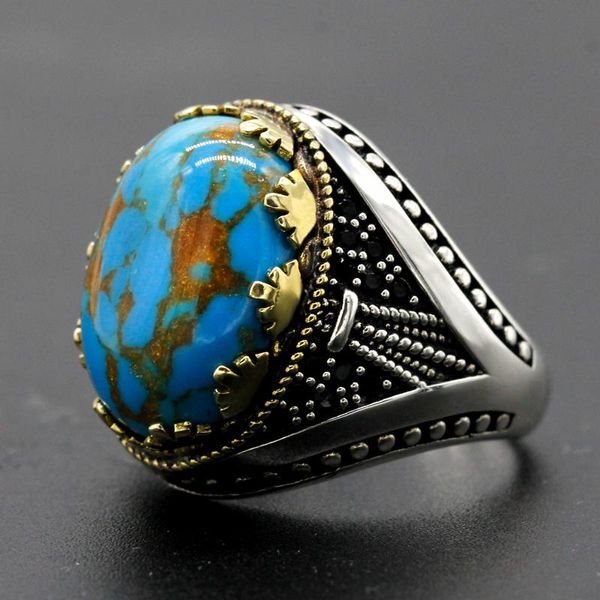 Cluster Rings Turquie 925 Sterling Silver Black Spinel Ring Men's Turquoise Jewelry