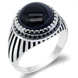 Cluster Ringen Turkije Zwarte Agaat Ring Voor Mannen 925 Sterling Zilver Met Natuurlijke Ronde Steen CZ Eenvoudige Sieraden Mannelijke Vrouwen Gift