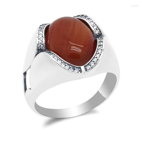 Bagues de cluster Turc Bijoux faits à la main 925 Sterling Silver Hommes Bague avec pierre d'agate rouge Thai pour hommes femmes cadeau