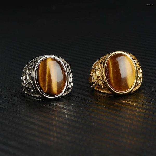 Anillos de racimo Turco Hecho a mano Vintage Acero inoxidable Marrón Ojo de tigre Anillo de piedra para hombres Espiral grabado Declaración Retro Alianza de boda