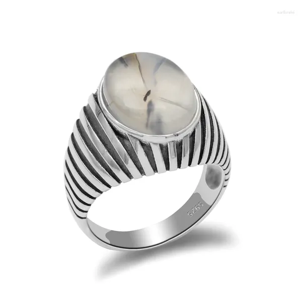 Bagues de cluster Bijoux turcs 925 Sterling Silver Hommes Agatge Bague avec grande pierre naturelle Vintage Stripe Thai aux hommes femmes cadeau