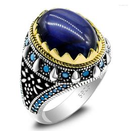 Clusterringen Turkse sieraden Herenring Natuurlijk blauw Tijgeroog 925 sterling zilver Vintage turkoois Punkstijl Dames
