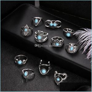 Cluster Rings Turquoise Knuckle Ring Set Ancient Sier Crown Moon Owl Drop Stacking Rings Midi Femmes Fashion Jewelry Delivery Dhbxr