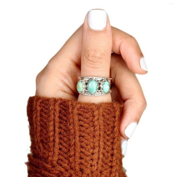 Anillos de racimo Turquesa Anillo de tres piedras Retro Piedra preciosa natural Bohemio Banda ancha Joyería de moda Regalos para hombres y mujeres