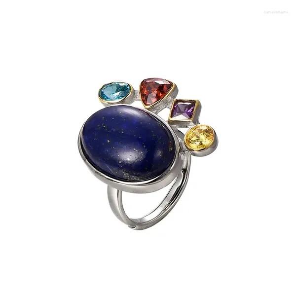 Anillos de racimo Uglyless Natural Royal Blue Lapis Mujeres Decoradas Cristales Coloridos Anillo Ancho 925 Plata Piedras Preciosas Joyería Moda Bijoux