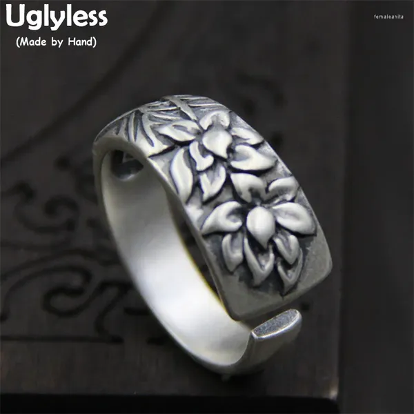 Cluster Anneaux Uglyless Real S 925 Sterling Thai Silver Women ethnique Open Fleurs en relief à la main