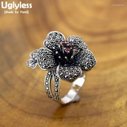 Cluster anneaux laid sans vintage thaï argent marcasite fleurs pour les femmes fleurissant à grande taille florale solide 925 bijoux grenat