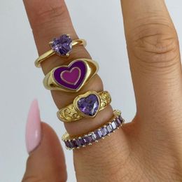 Bagues de grappe UILZ jolies filles violet cristal émail bijoux fleur coeur anneau 2022 Y2K mode fête mariage petite amie cadeau