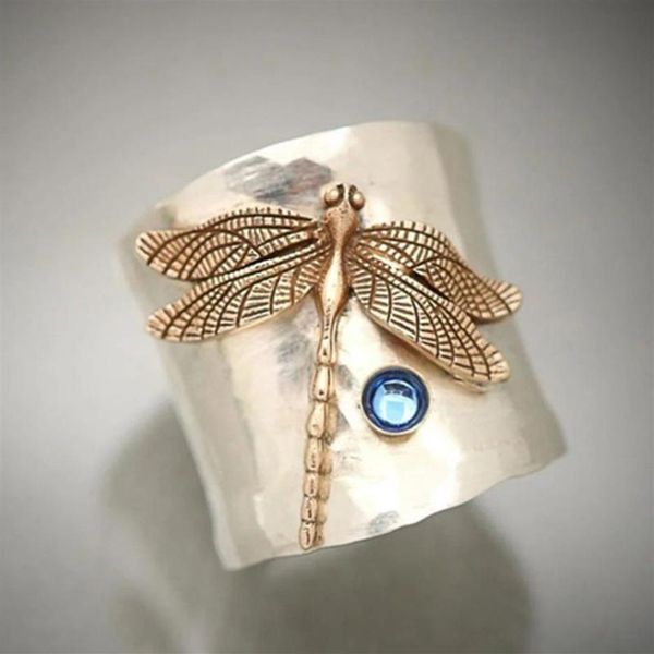 Anillos de racimo UILZ Diseño Dragonfly Cuff Ring Natural Moonstone Clear Cuarzo Cristal azul para mujeres Joyería de boda CRL229322x