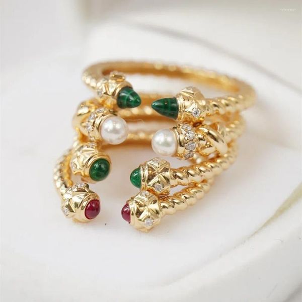 Anneaux de cluster Unice Femmes Real 18K Or Jaune Au750 Bijoux Twist Corde Naturel Akoya Perle Ruby Swat Emerald Malachite Diamant Cadeau