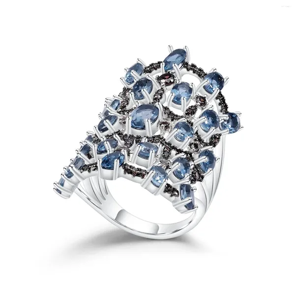 Cluster anneaux design unique de conception multi-pierre naturelle natural blue topaze nano smoky 925 sterling argent ring pour les femmes cadeaux