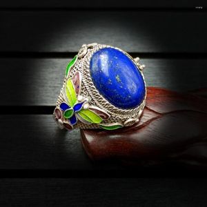 Clusterringen unieke S925 Sterling Silver ingelegde lapis lazuli dames ring persoonlijkheid originele veelzijdige kunst Chinese traditionele handwerk