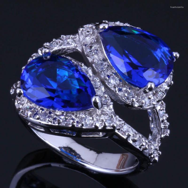 Cluster Rings Unusual Pear Blue Cubic Zirconia White CZ Silver Plated Ring V0469