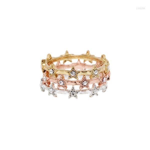 Anillos de racimo Tamaño de EE. UU. 6 7 8 Oro Rosa Plata Color Estrella Compromiso Banda Pila Apilamiento Anillo de dedo completo para mujeres