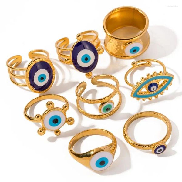 Anillos de racimo Uworld Acero inoxidable Mal de ojo Chapado en oro Anillo de declaración Personalidad Multicapa Geométrica Joyería vintage para mujeres Tendencia