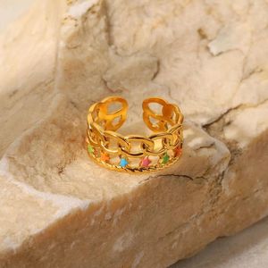 Clusterringen Uworld roestvrijstalen sieraden voor dames 18k vergulde regenboog Candy Drip Star Cubaanse ketting dubbele open verstelbare ring