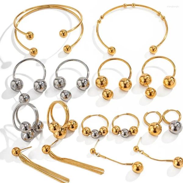 Anillos de racimo Uworld Declaración Bola de acero inoxidable Anillo ajustable Pendiente Conjunto de joyería clásica 18k Chapado en oro Metal impermeable Mujeres