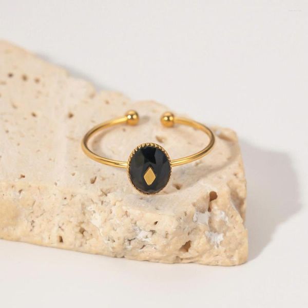 Anillos de racimo Uworld Trendy Acero inoxidable Simple Piedra negra Anillo ajustable a prueba de agua Mujeres Moda Charm Francia Joyería