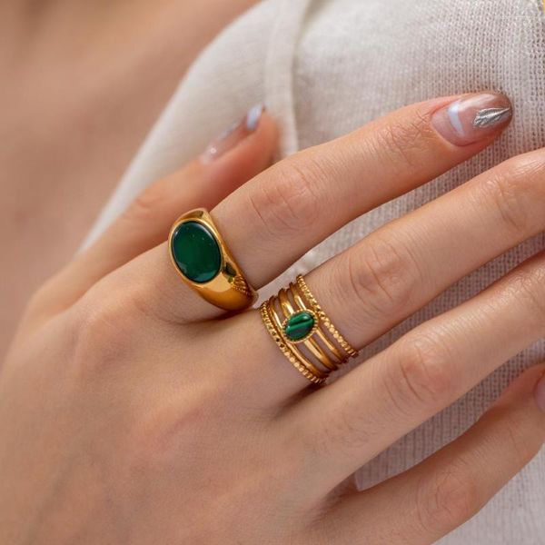 Bagues de cluster Uworld Preuve de l'eau Naturel Malachite Pierre Bague d'ouverture en acier inoxydable Bijoux d'or Tendance Géométrique Wrap Party Cadeau