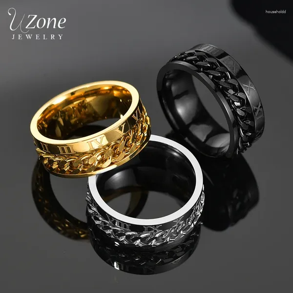 Anneaux de cluster Uzone Punk Roman Numbers Spinner Gold Couleur Acier inoxydable Rotatif Chaîne Bague pour hommes Garçons Anniversaire Cadeau Anillos