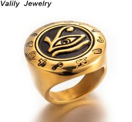 Cluster anneaux valily men039s en acier inoxydable Egypt Eye of Horus Ring Gold Round Top Signbet Protection Symbole Bijoux pour Man6797958