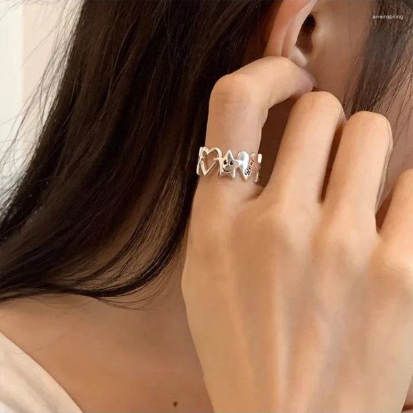 Bagues de cluster Ventfille 925 Bague en argent sterling pour femmes fille cadeau étoile amour lettre creuse polyvalente simple bijoux goutte