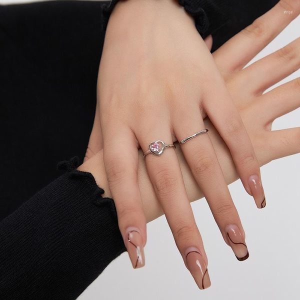 Anillos de racimo VENTFILLE 925 Anillo de corazón de amor de plata esterlina para mujer Circón rosa Ahuecado hacia fuera Joyería Amante Regalo Gota