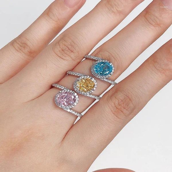 Anillos de racimo Anillo victoriano S925 Plata esterlina Mujeres 1.5CT Diamantes simulados ovalados Rosa Amarillo Azul Joyería fina Gota de oro blanco