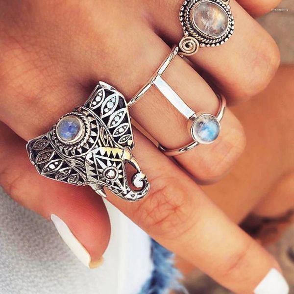 Bagues de cluster Vienkim 3pcs / Set Bohemian Vintage Silver Couleur Opals Elephant Bague Set Femmes Sculpture pour bijoux féminins en gros 2024