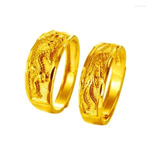 Cluster Anneaux Vietnam Sable Or Pur Cuivre Plaqué 24k Mariage Dragon Et Phoenix Anneau Ouvert Mâle Femelle Couple Motif