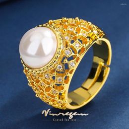 Clusterringen Vin -Remem Luxury 10mm Lab Pearl Creates Sapphire Gemstone 18K Gold Golde Vintage Hyperbole Ring For Women Fine Jewelry