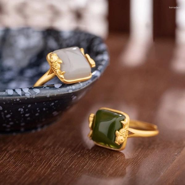 Anillos de racimo Vintage 14K chapado en oro verde piedra natural simulación moda para mujeres hombres tamaño ajustable anillo de dedo banda de personalidad