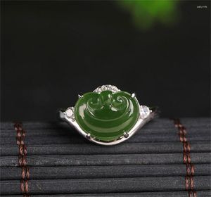 Bagues de cluster Vintage 925 Silver Jasper RuYi Lucky Bague réglable avec certificat vert HeTian Jade Finger Retro Femme Cadeau Bijoux