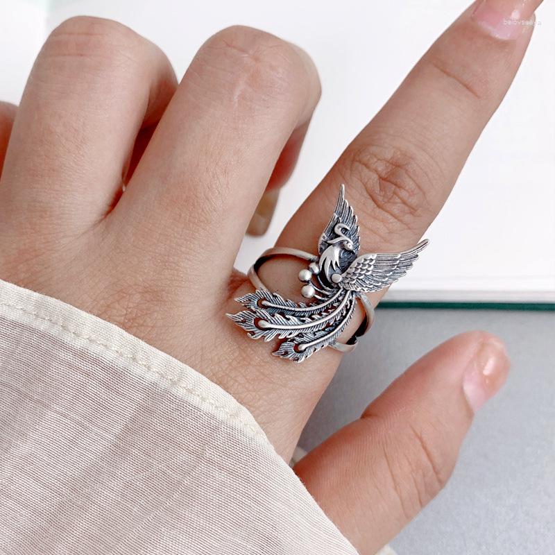 Cluster Rings Vintage 925 Sterling Silver Stereoscopic Phoenix Ring For Women Ethnic Style Bird Shape Adjustable Open Jewelry JZ108