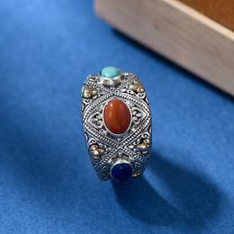 Cluster Rings Vintage 925Sterling Silver Personality Designed 925 Silver Agate Inlaid Jewelry Finger Purely Handmade Ring Silver Jewelry Ring
